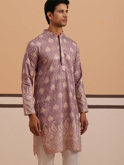 Embroidered Cotton-Blend Kurta With Paisley Design
