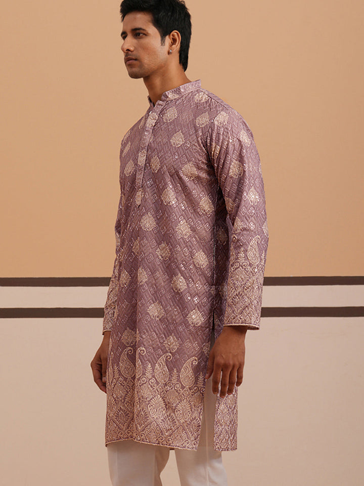 Embroidered Cotton-Blend Kurta With Paisley Design