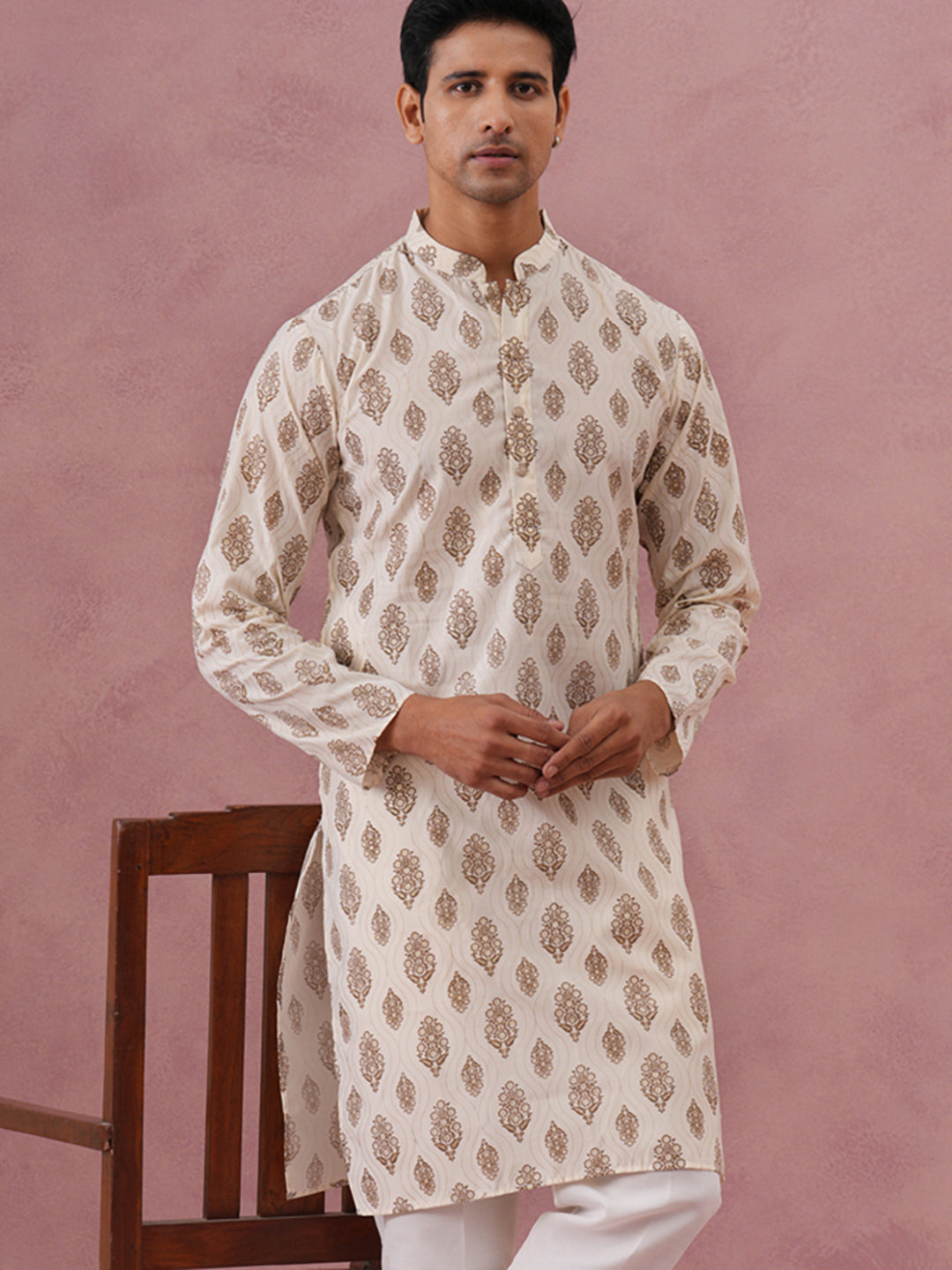 Silk-Blend Foil Printed Festive Kurta