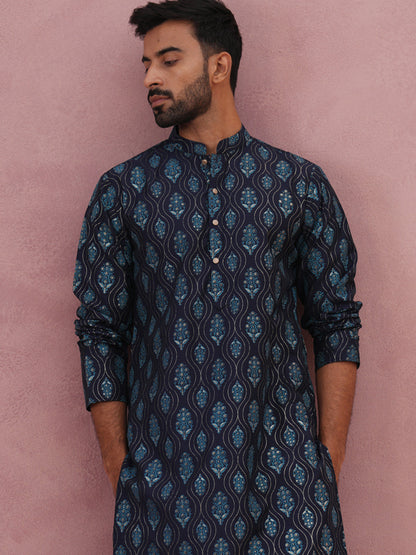 Silk-Blend Foil Printed Festive Kurta