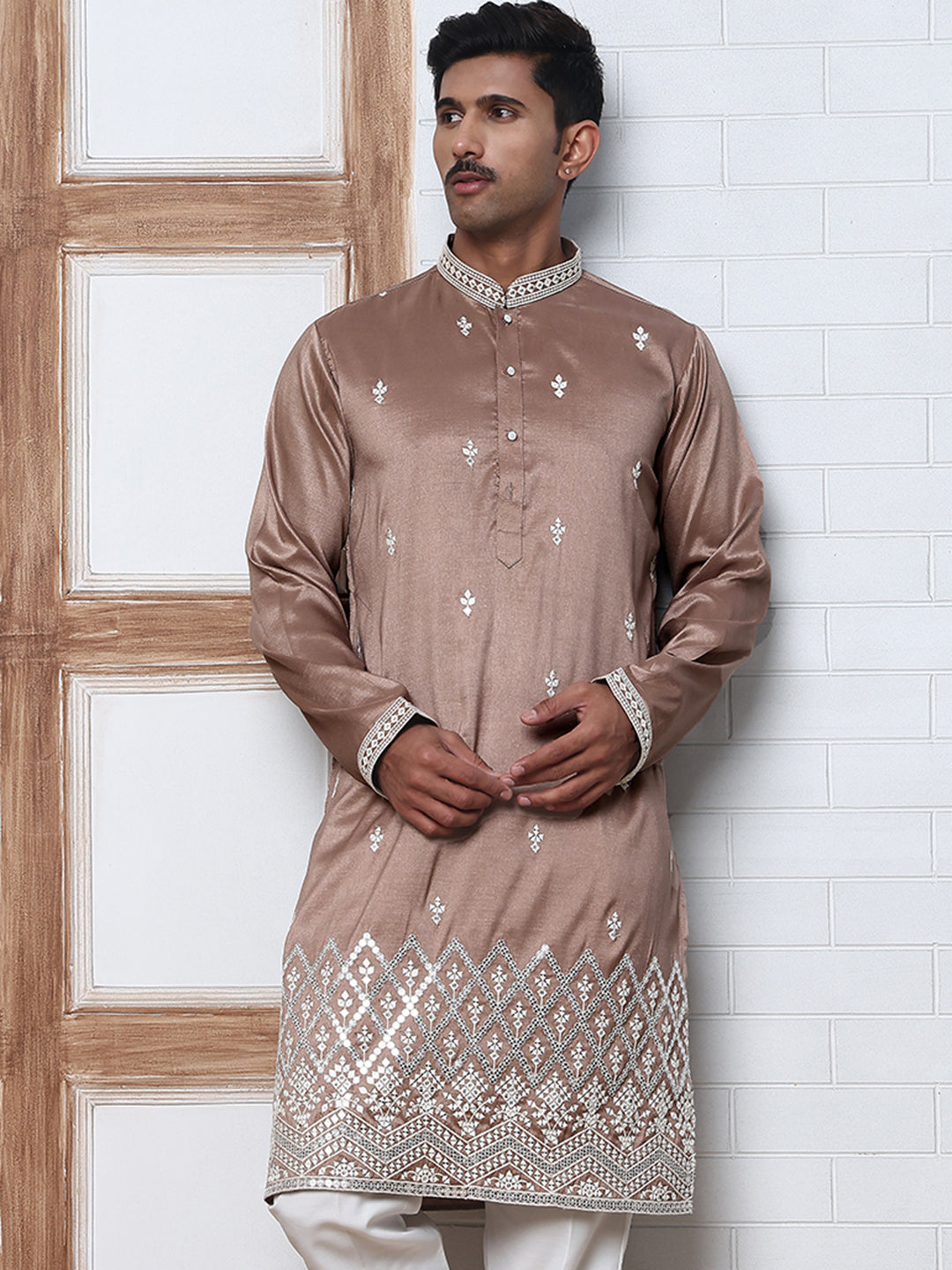 Traditional Silk-Blend Kurta With Embroidery