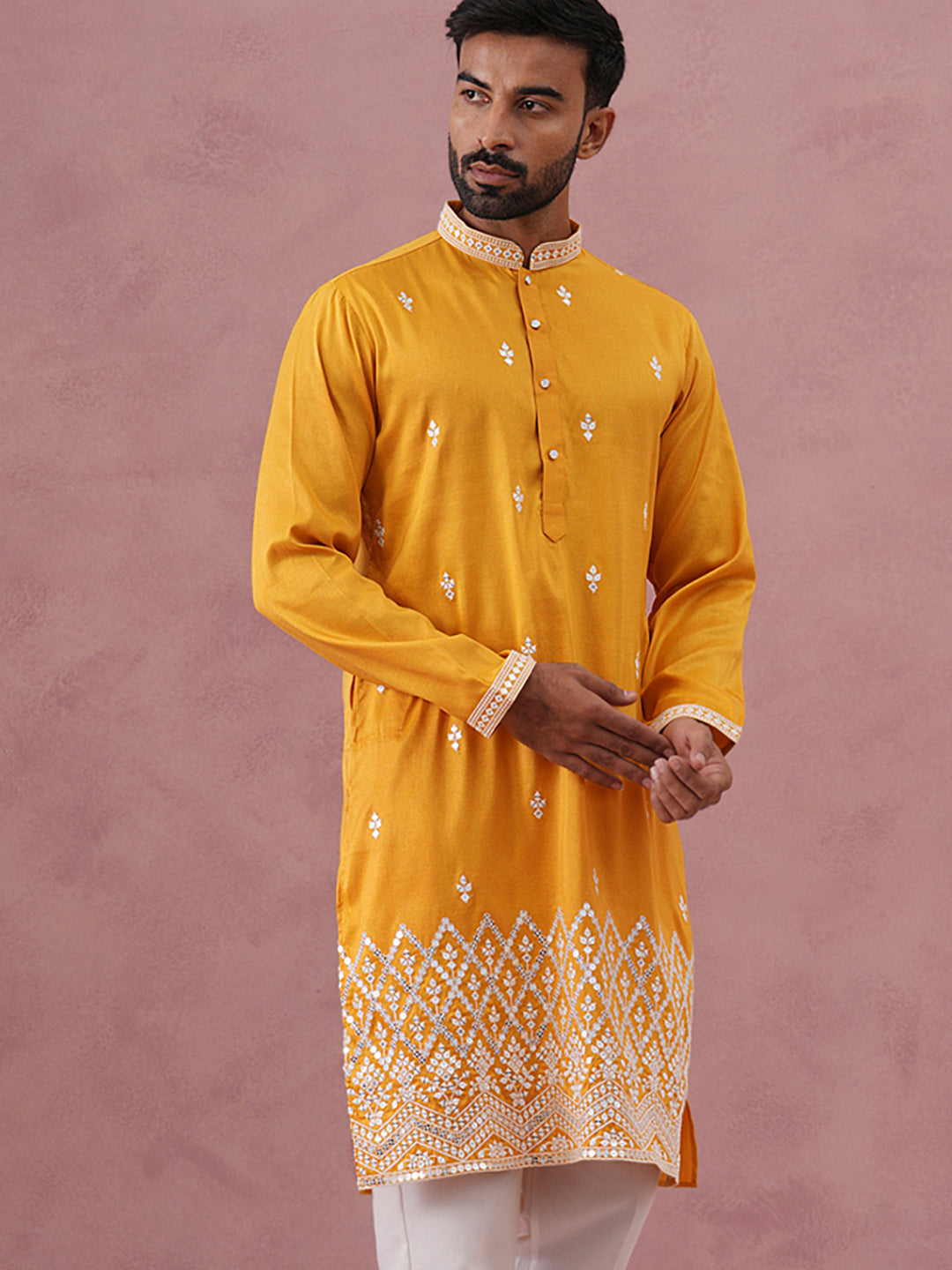 Traditional Silk-Blend Kurta With Embroidery