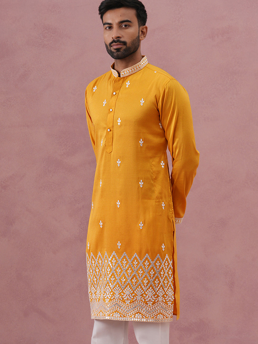 Traditional Silk-Blend Kurta With Embroidery