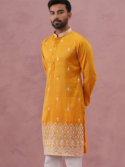 Traditional Silk-Blend Kurta With Embroidery