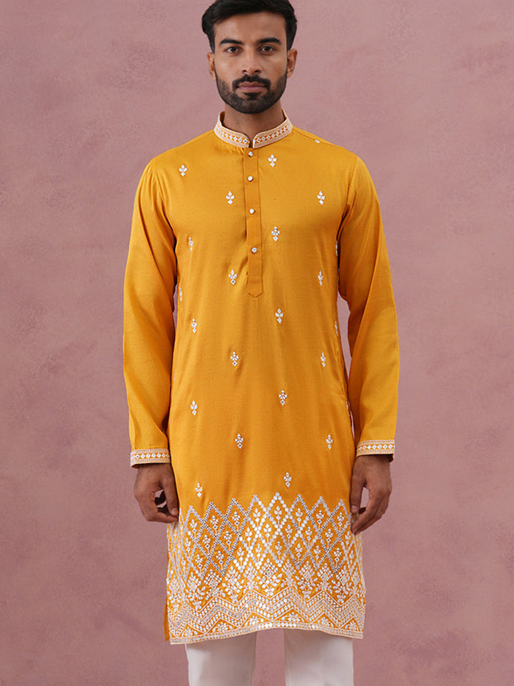 Traditional Silk-Blend Kurta With Embroidery