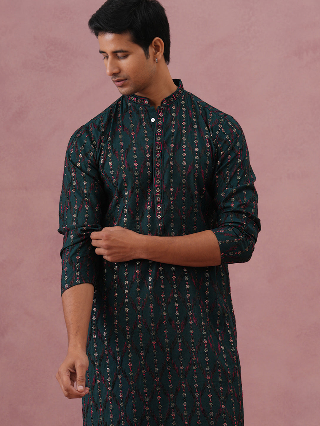 Silk Blend Embroidered Kurta For Men