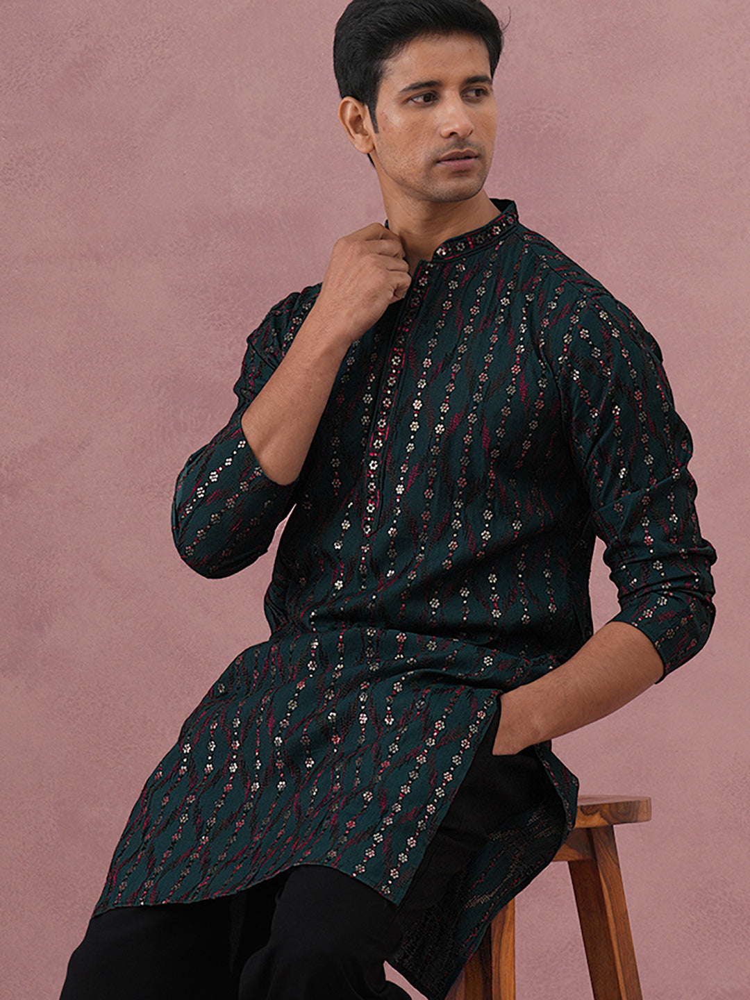 Silk Blend Embroidered Kurta For Men