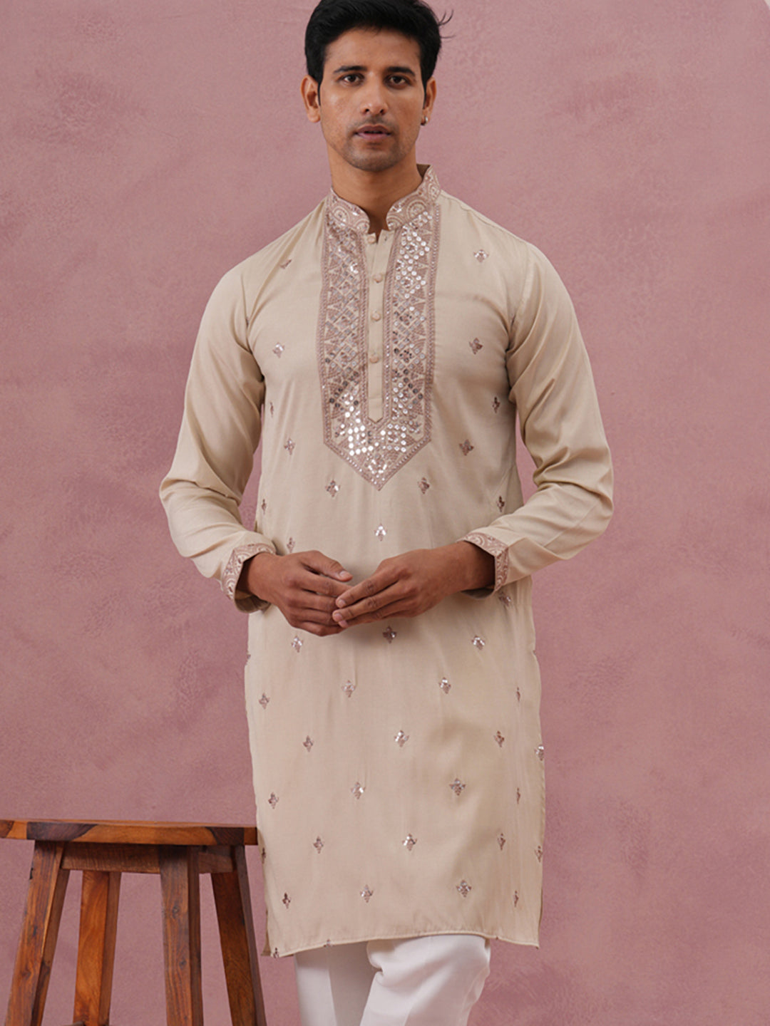 Silk Blend Embroidered Kurta For Men