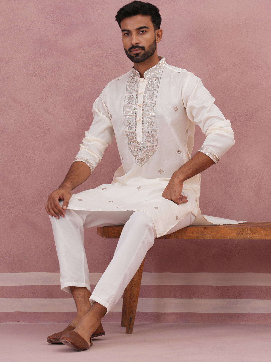 Silk Blend Embroidered Kurta For Men