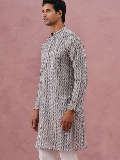Grey Geometric Print & Sequin Kurta