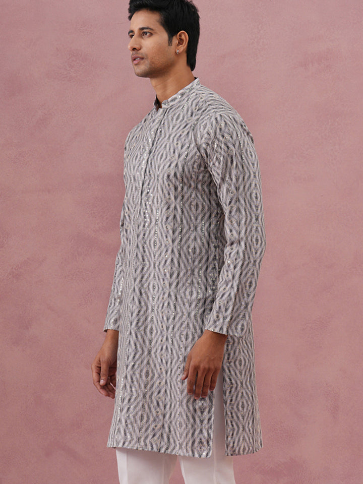 Grey Geometric Print &amp; Sequin Kurta