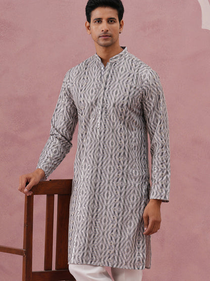 Grey Geometric Print & Sequin Kurta