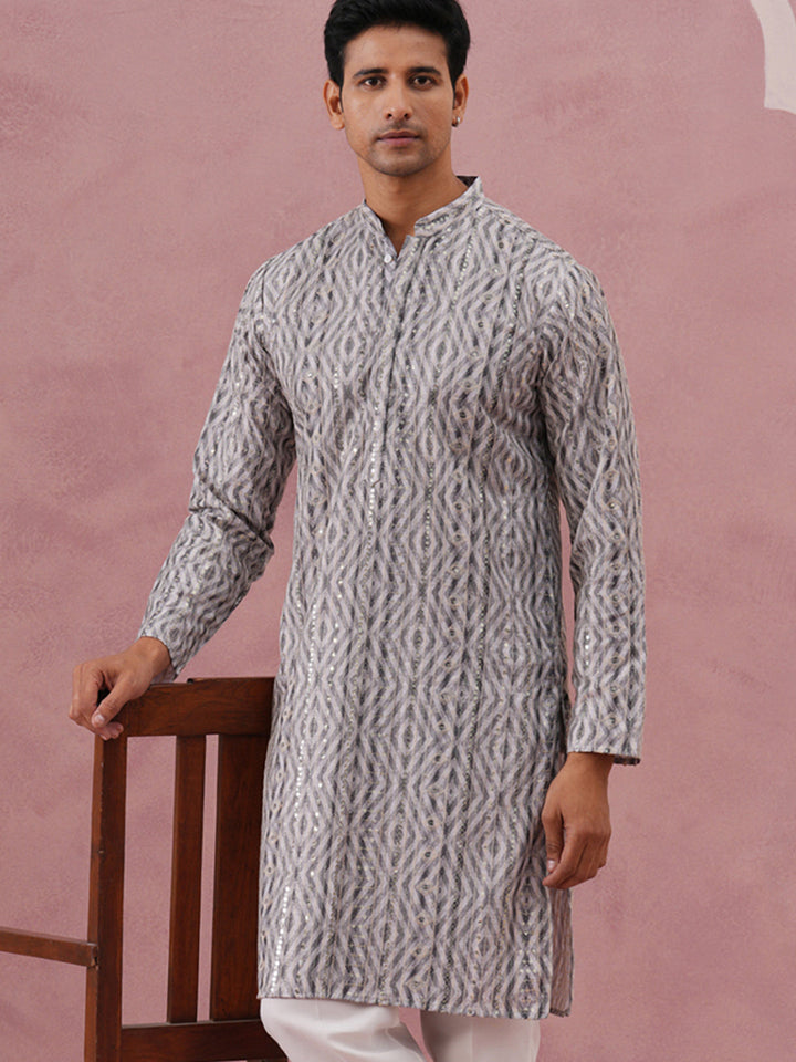 Grey Geometric Print &amp; Sequin Kurta