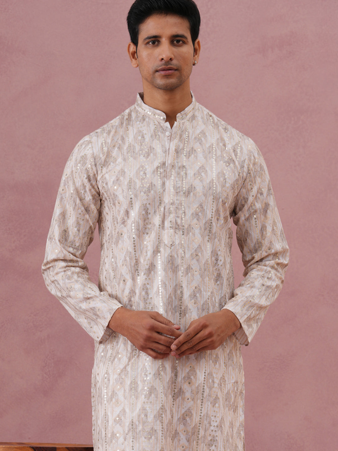 Peach Geometric Print & Sequin Kurta