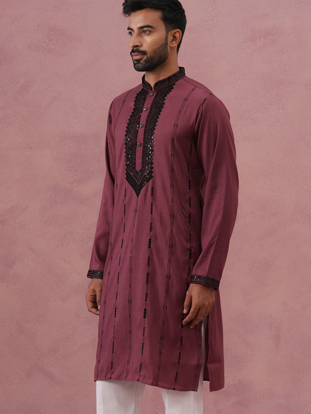Wine Silk Blend Kurta With Black Geometric Embroidery