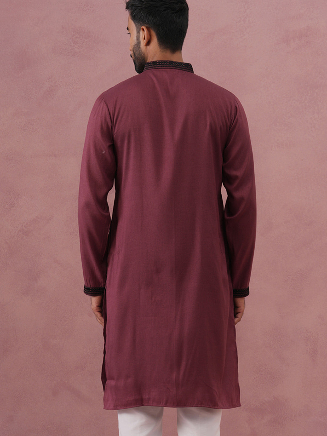 Wine Silk Blend Kurta With Black Geometric Embroidery