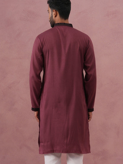 Wine Silk Blend Kurta With Black Geometric Embroidery