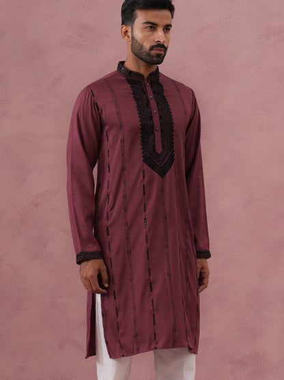 Wine Silk Blend Kurta With Black Geometric Embroidery