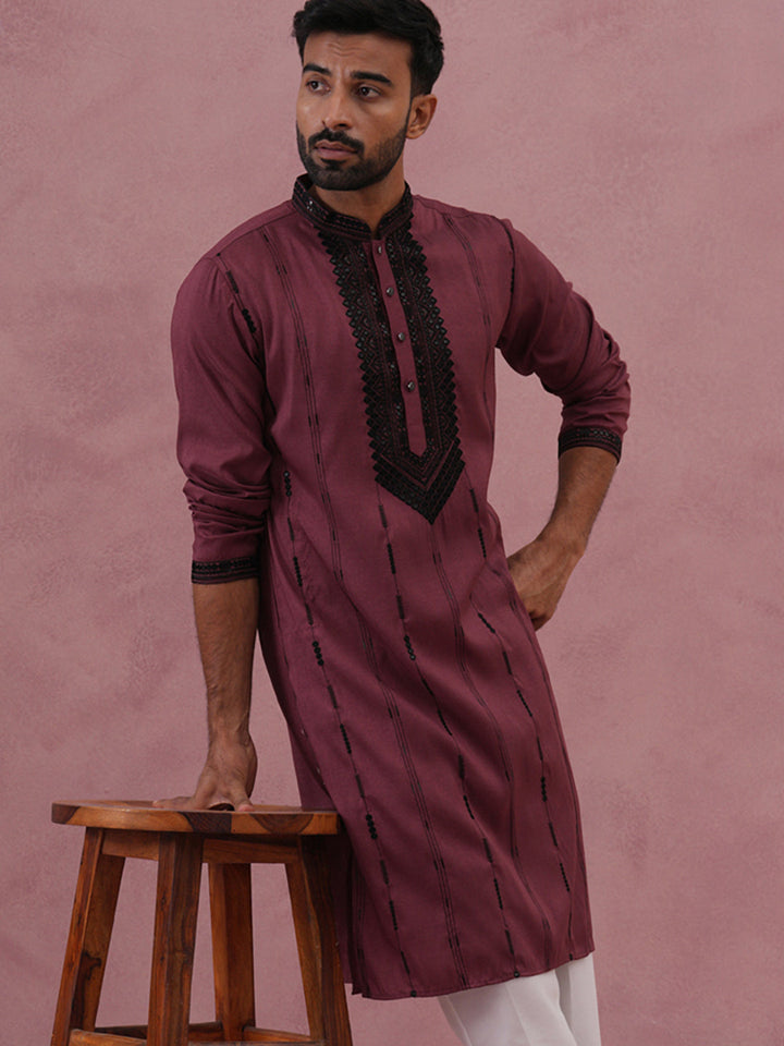 Wine Silk Blend Kurta With Black Geometric Embroidery