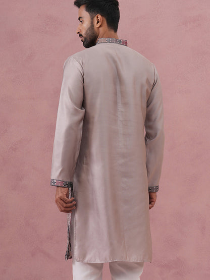 Grey Silk Blend Geometric Embroidered Kurta