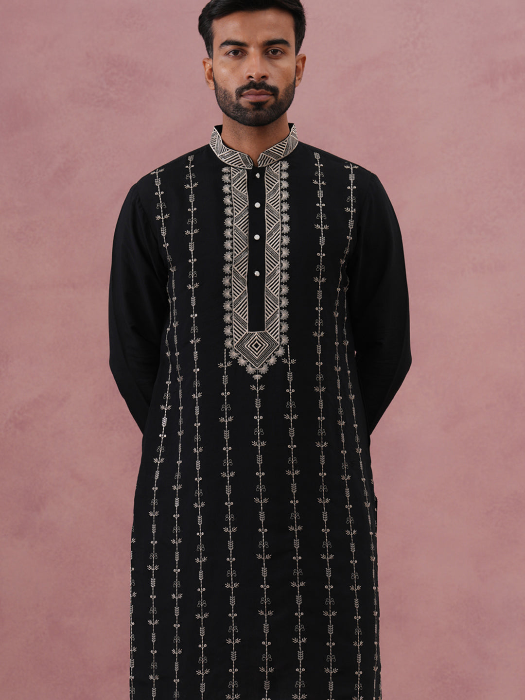 Black Silk Blend Kurta With Off White Geometric Embroidery