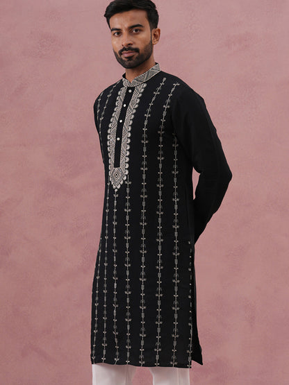 Black Silk Blend Kurta With Off White Geometric Embroidery