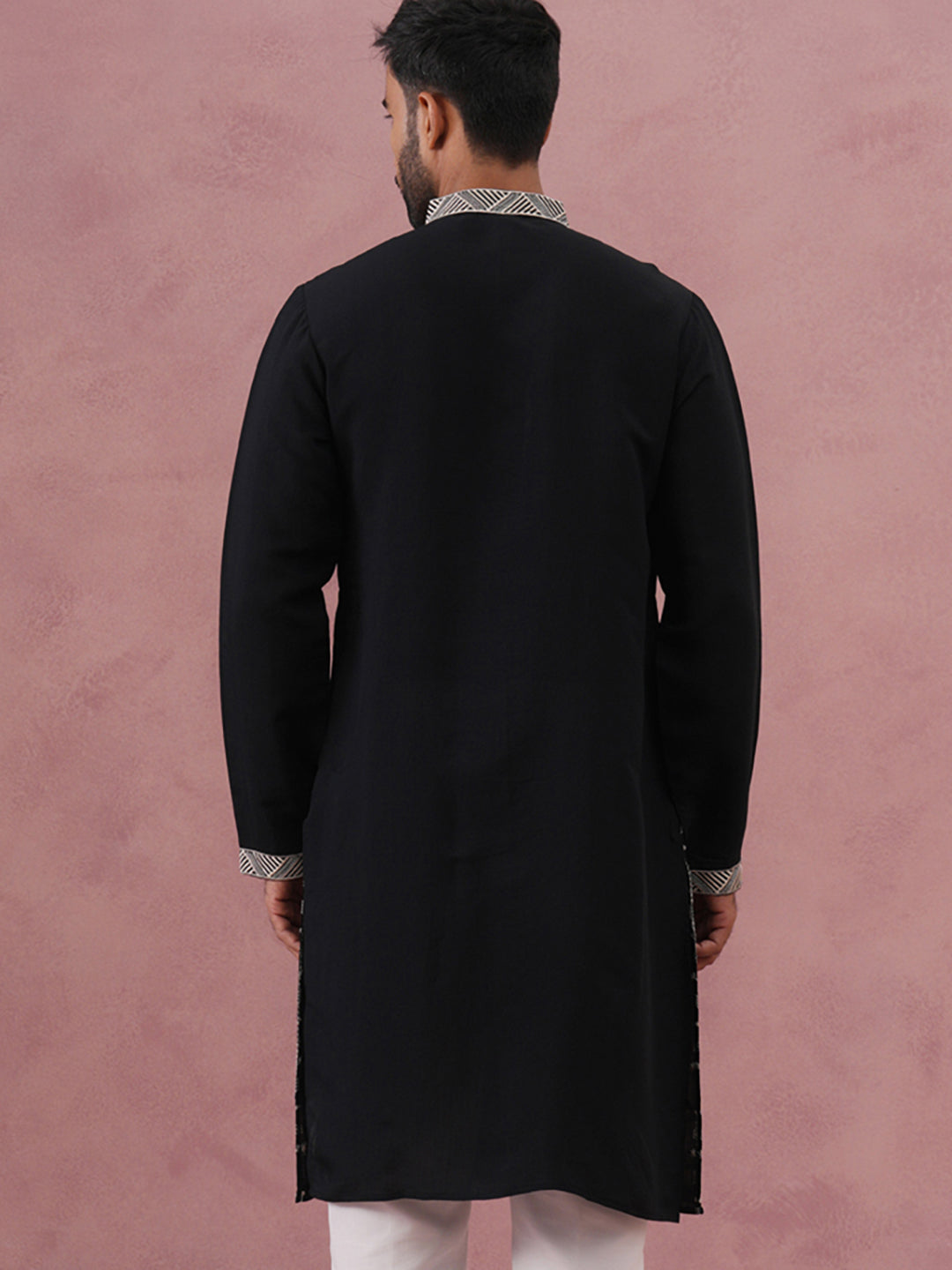 Black Silk Blend Kurta With Off White Geometric Embroidery