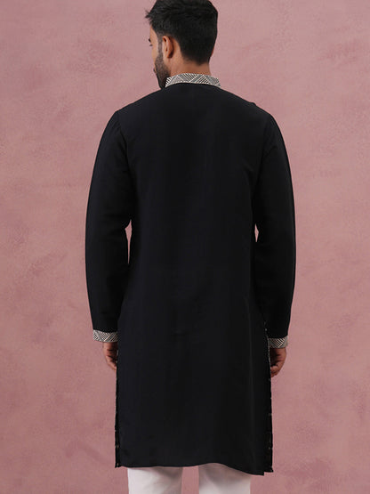 Black Silk Blend Kurta With Off White Geometric Embroidery
