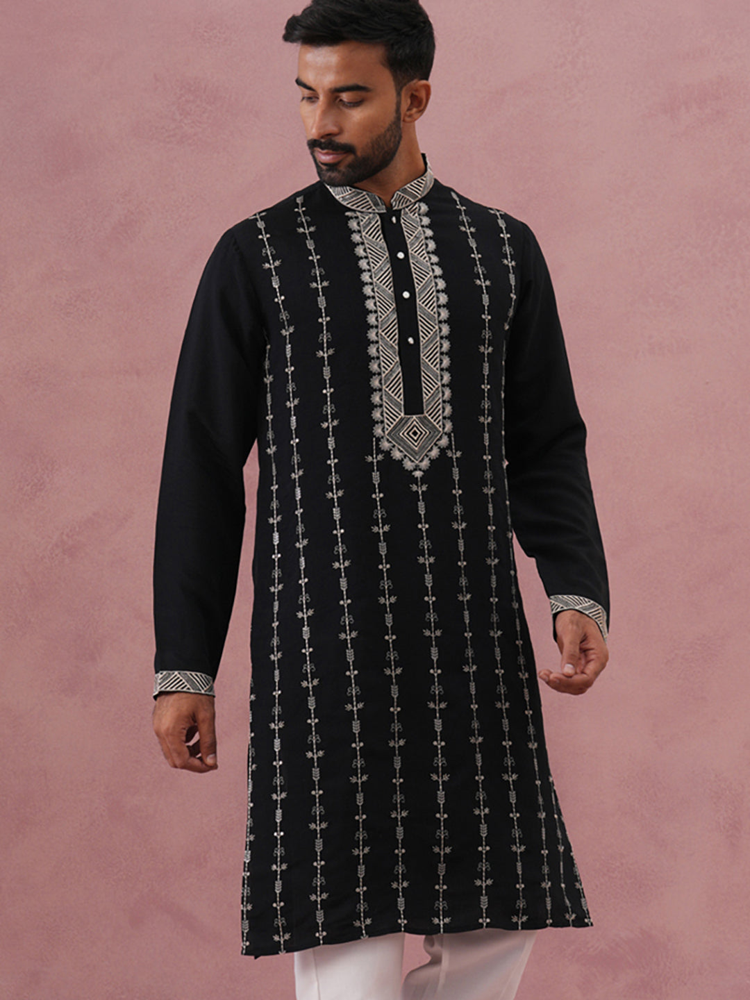 Black Silk Blend Kurta With Off White Geometric Embroidery