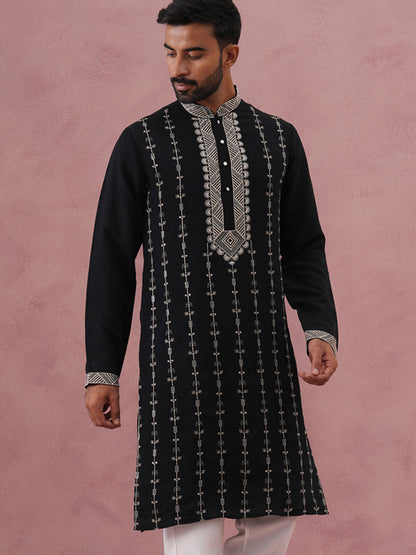 Black Silk Blend Kurta With Off White Geometric Embroidery