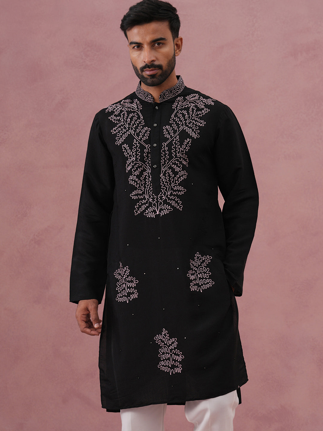 Black Silk Blend Embroidered Kurta