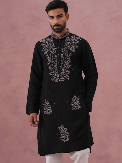 Black Silk Blend Embroidered Kurta