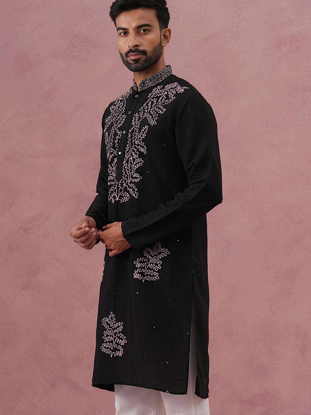 Black Silk Blend Embroidered Kurta