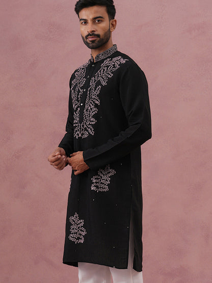 Black Silk Blend Embroidered Kurta
