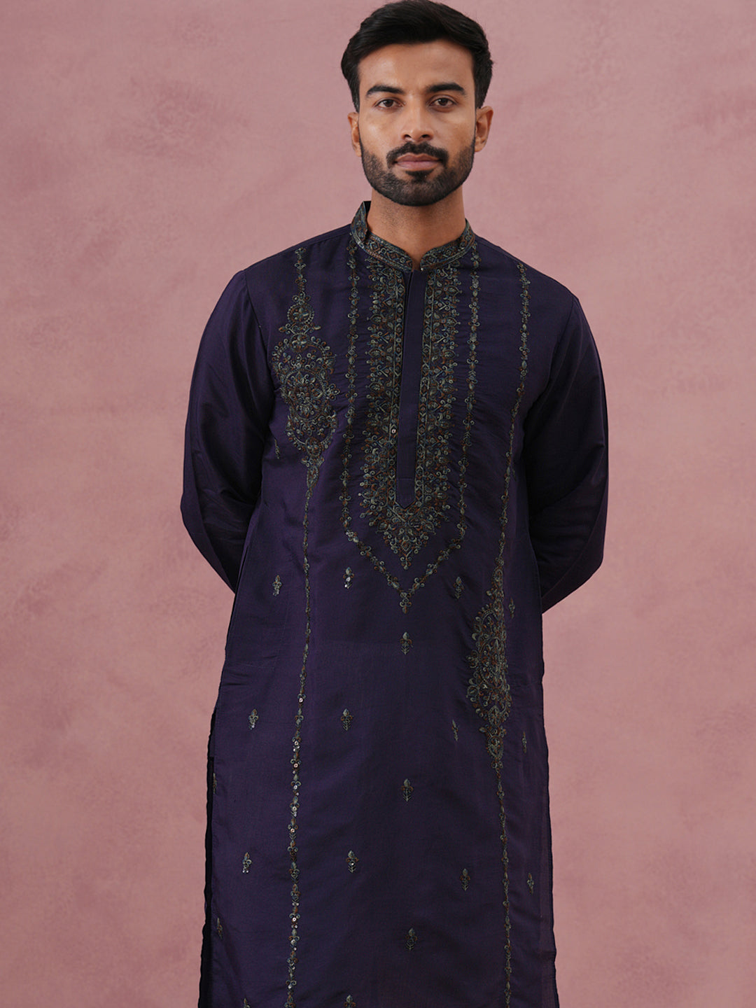 Navy Blue Silk Blend Embroidered Kurta