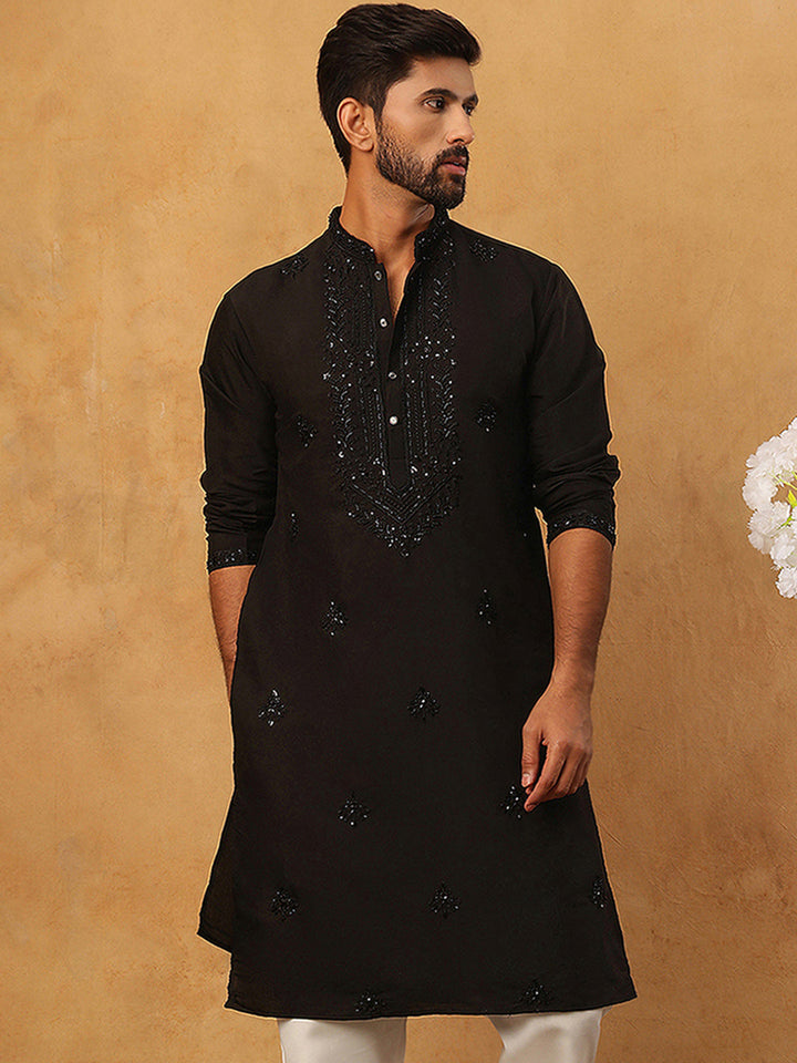 Silk Blend Embroidered Kurta For Men