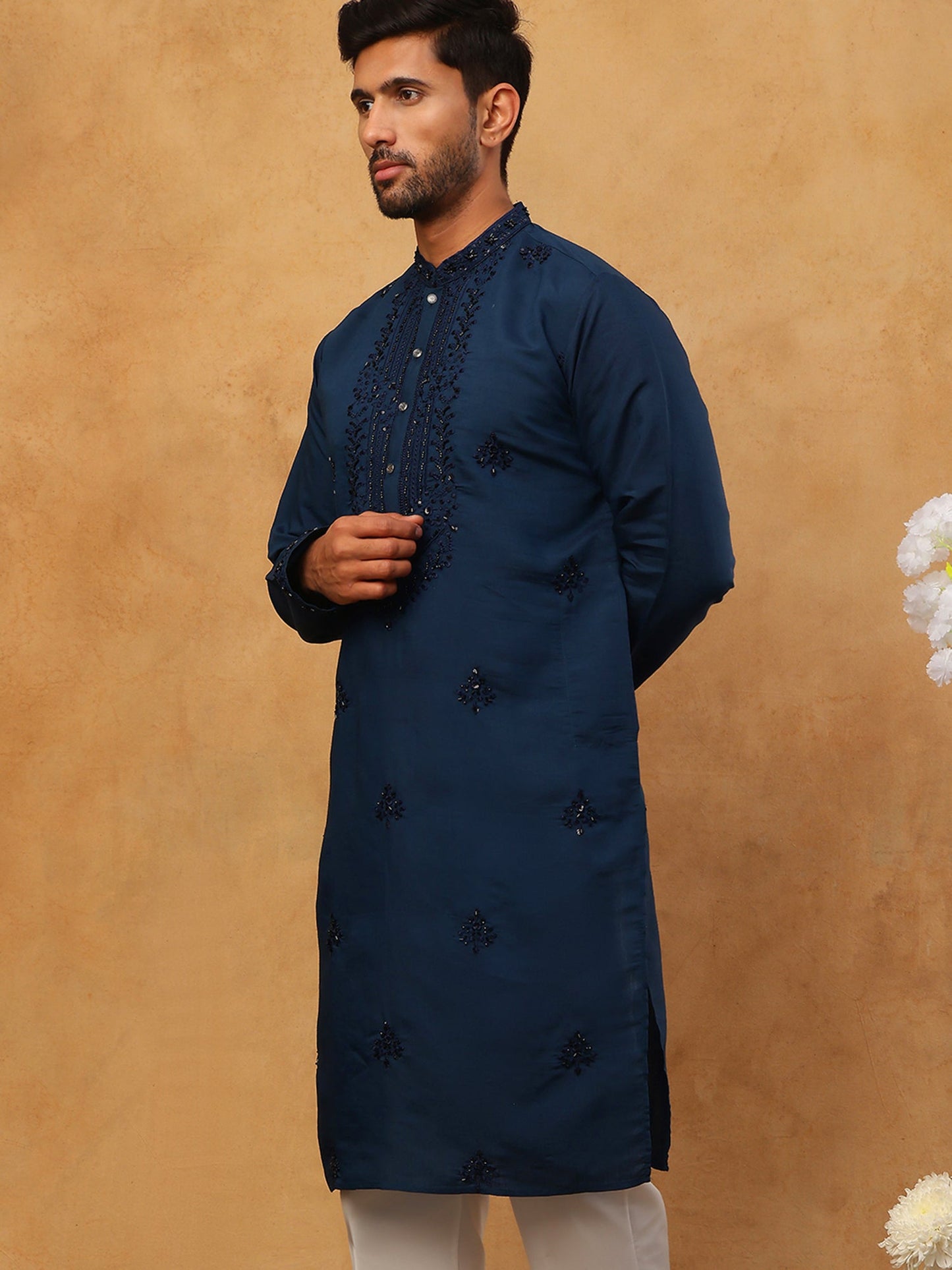 Silk Blend Embroidered Kurta For Men
