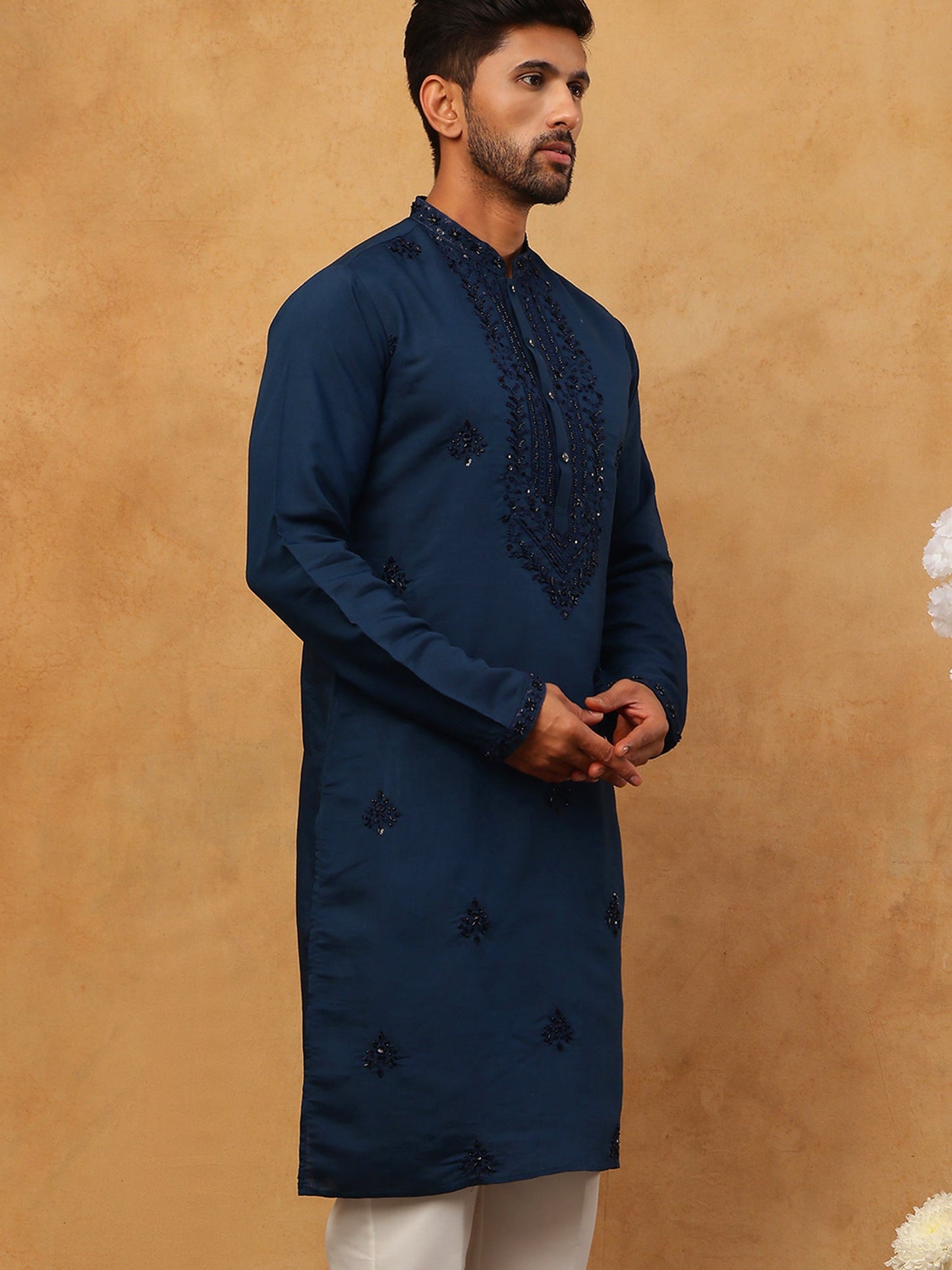 Silk Blend Embroidered Kurta For Men