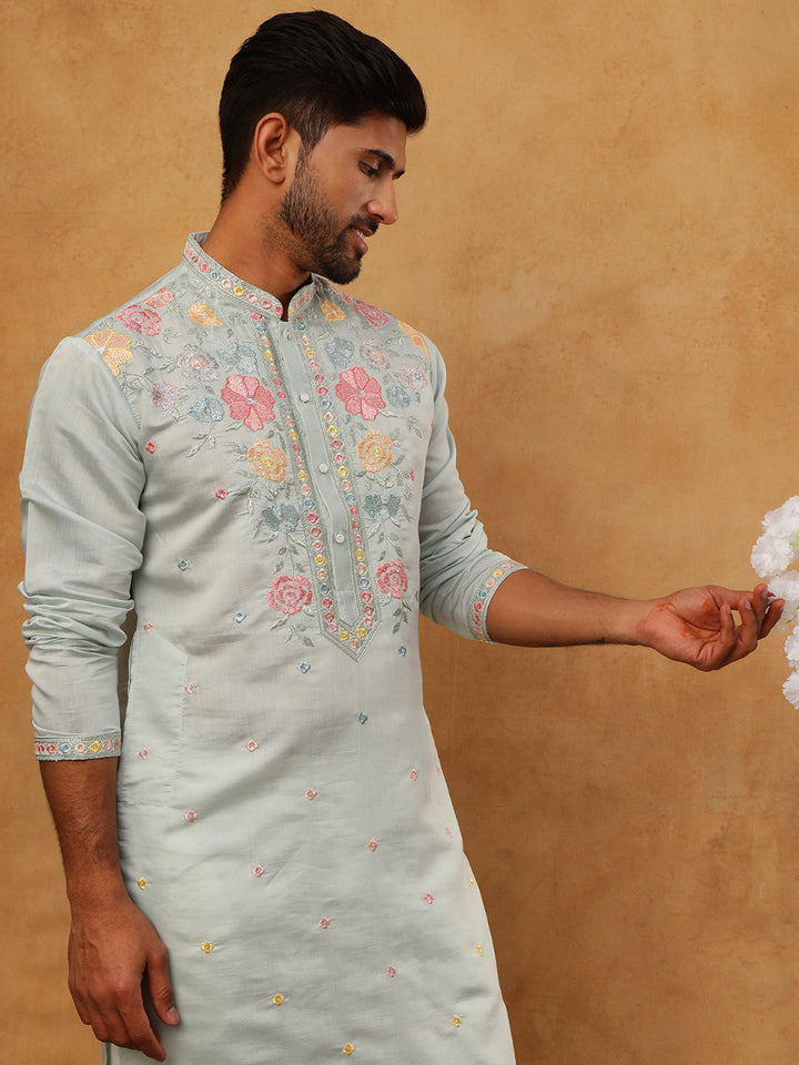 Silk Blend Embroidered Kurta