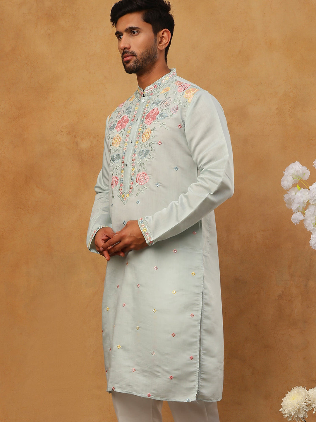Silk Blend Embroidered Kurta