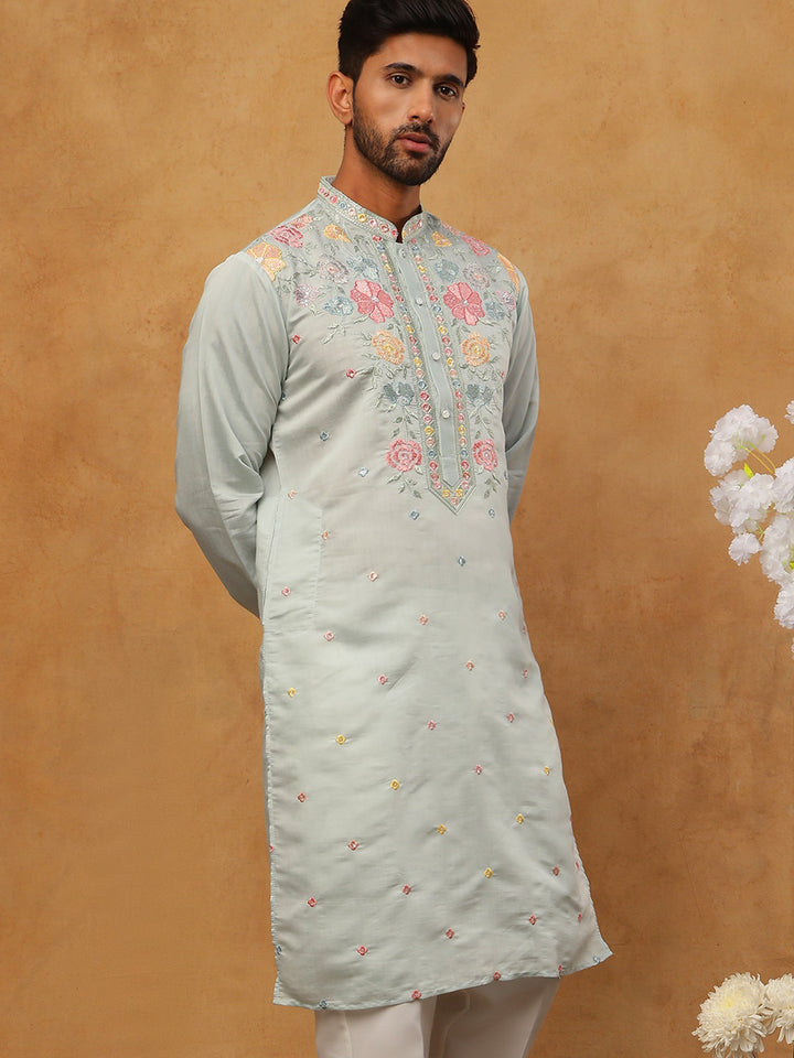 Silk Blend Embroidered Kurta