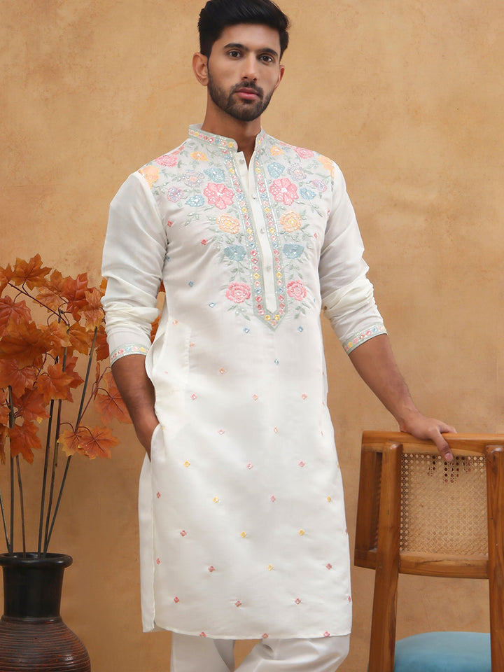 Silk Blend Embroidered Kurta