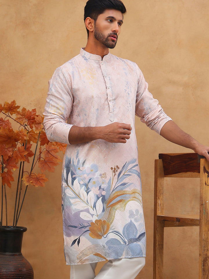 Printed Cotton Blend Kurta With Thread Work