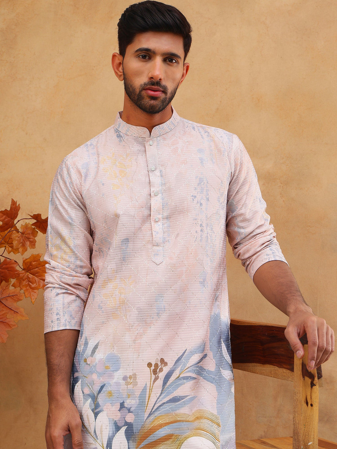 Printed Cotton Blend Kurta With Thread Work