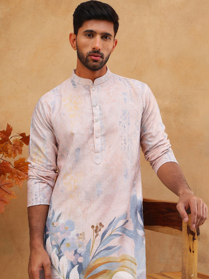 Printed Cotton Blend Kurta With Thread Work