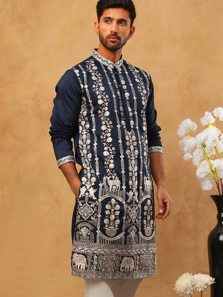 Men Silk Blend Embroidered Kurta
