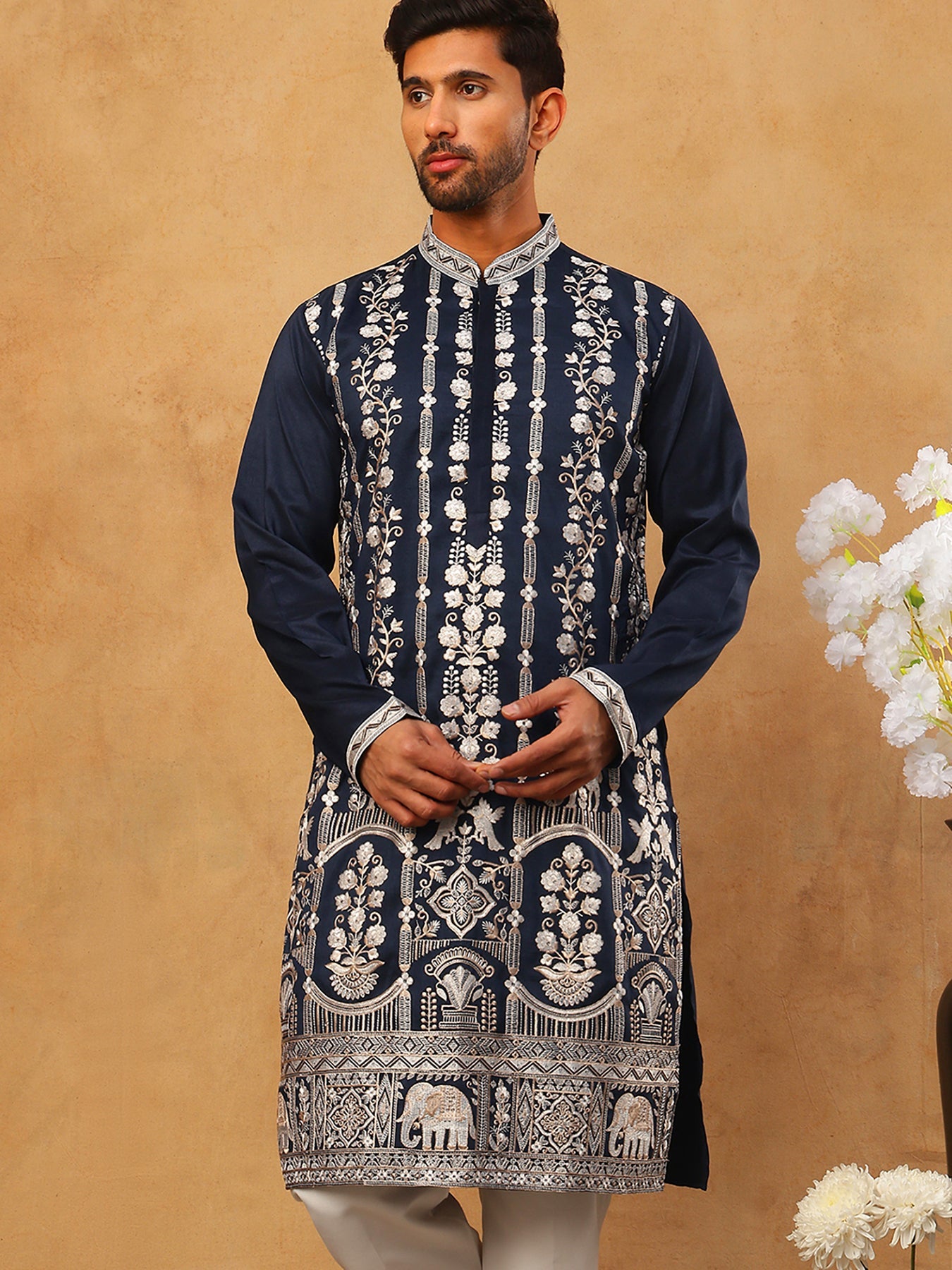 Men Silk Blend Embroidered Kurta