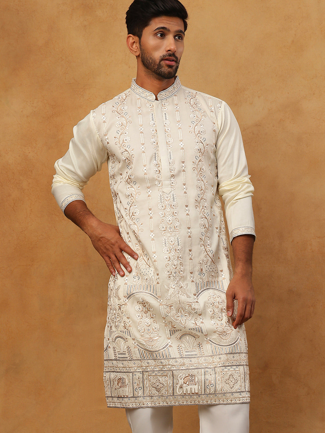 Men Silk Blend Embroidered Kurta