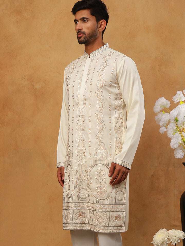 Men Silk Blend Embroidered Kurta