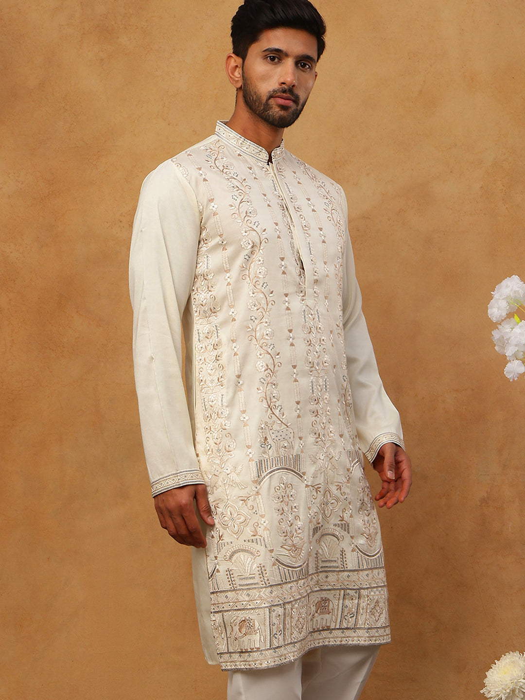 Men Silk Blend Embroidered Kurta
